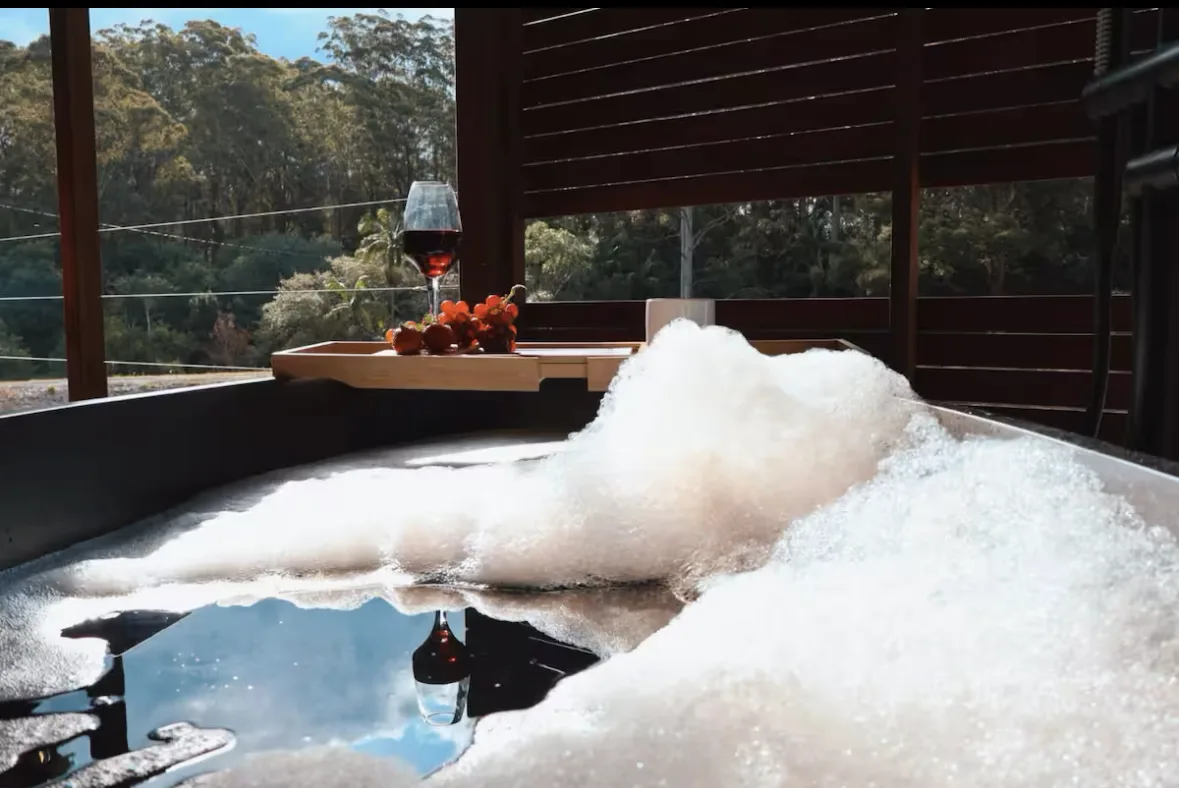 A bubble bath with a glass of red, looking into the trees